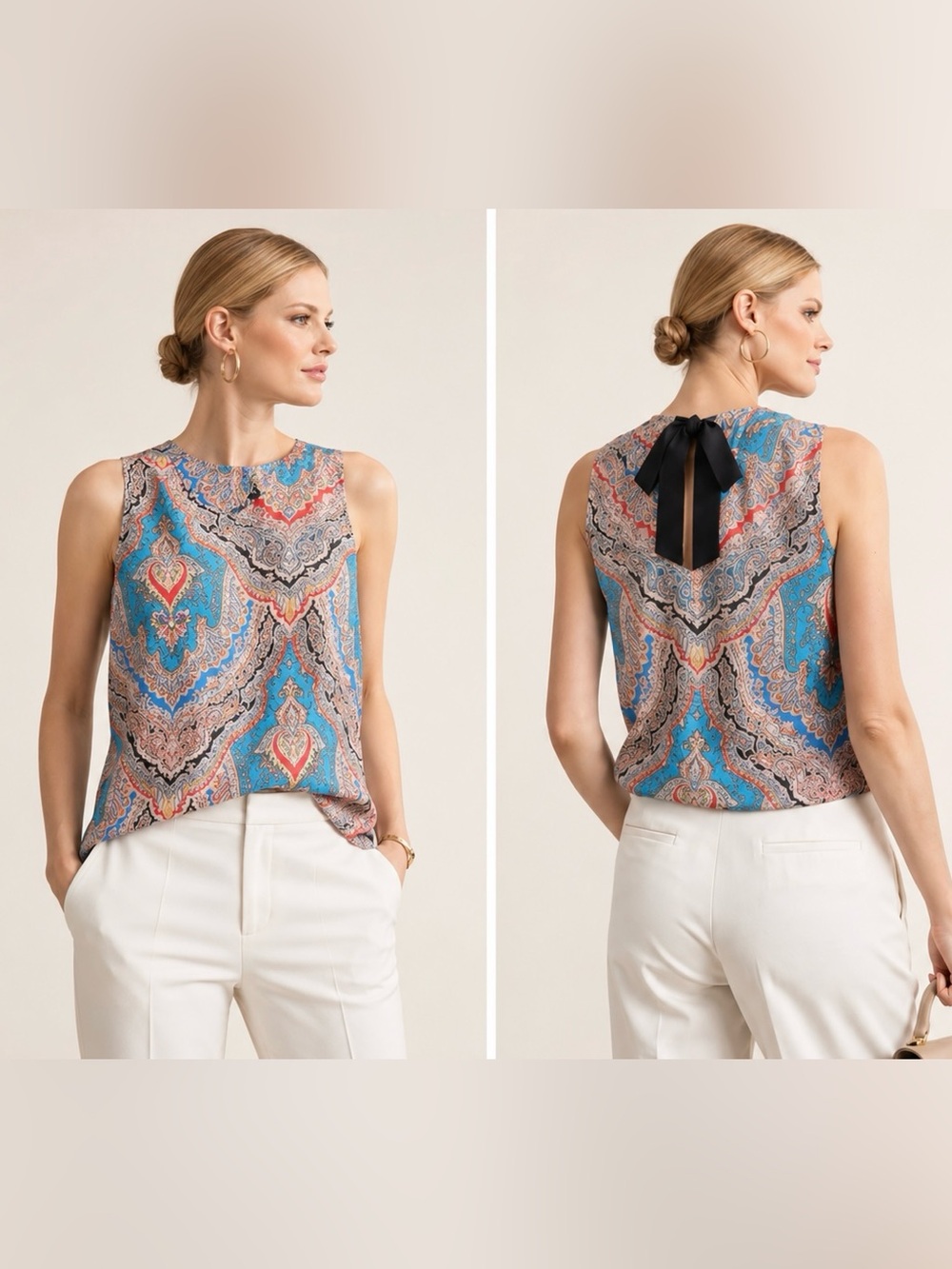 J.Crew Silk Blend Paisley Blouse Bow Back Sleeveless Top Blue Pink Size M